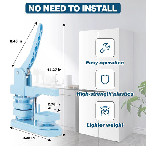 No Sweat DIY Fridge Magnet Button Press Machine With Complete One Hundred Piece Starter Pack For 50 Millimeter Square Photo Crafts And Totally Fresh Kitchen Decor, blue with dimensions.