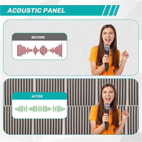 Comparison of sound waves before and after using Self Adhesive Soundproofing Wall Panels High Density Acoustic Foam Tiles in a studio.