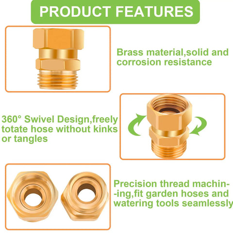 Brass Garden Hose Swivel Adapter 3/4 GHT 360 Degree No Kink Connector, Heavy Duty Brass Male To Female Hose Fitting For Outdoors, Corrosion Resistant, Leak Free Connection, brass swivel view