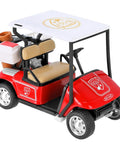 Red And White Die Cast Metal Miniature Golf Cart Replica Featuring Steering Wheel Tan Seats And Storage Basket For Golf Party Decor Cake Topper Display With Sick Detail And Top Shelf Build Real Deal Value, side view with canopy.