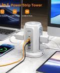 Flat Plug Power Strip Tower With Nine Outlets And Five USB Ports Including Two USB C Ports, 1200J Surge Protection on desk