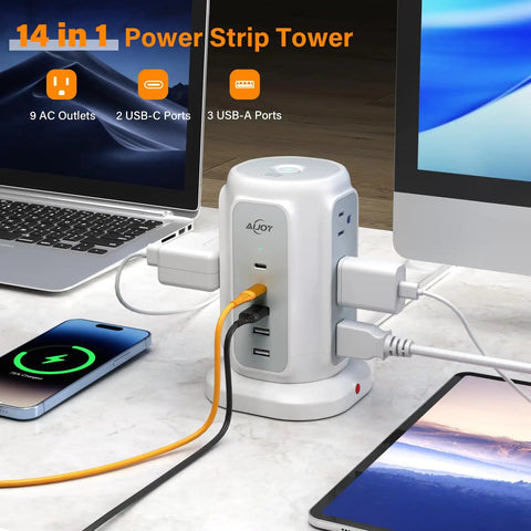 Flat Plug Power Strip Tower With Nine Outlets And Five USB Ports Including Two USB C Ports, 1200J Surge Protection on desk