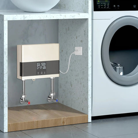 Top Tier Tankless Electric Water Heater With 110V Hot Water Delivery featuring a sharp digital display under a sink.