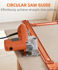 Runs Slick 50 Inch Circular Saw Guide Rail Kit Crafted From Heavy Duty Aluminum Alloy For Flawless Straight Cuts And Precise Board Cutting That Truly Knocks It Out on work surface with saw.