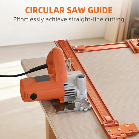 Runs Slick 50 Inch Circular Saw Guide Rail Kit Crafted From Heavy Duty Aluminum Alloy For Flawless Straight Cuts And Precise Board Cutting That Truly Knocks It Out on work surface with saw.