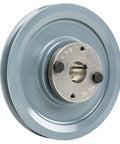 Beefy Cast Iron 5 Inch Single Groove Pulley For Belt B Section 5L With Seven Eighths Inch Sheave Bushing For Seven Eighths Inch Shaft Rugged Heavy Duty Pulley For Reliable Belt Drive Replacement, blue cast iron single-groove pulley with H bushing