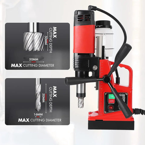 PeakPursuit Portable Magnetic Drill Press 1300W 810Rpm For Steel with cutting depth and diameter specifications displayed.