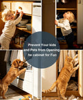 Children and pets attempting to open cabinets, demonstrating need for 10 Pack Ultra Thin Magnetic Cabinet Door Catches No Drill Install