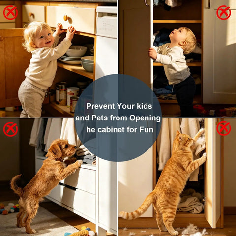 Children and pets attempting to open cabinets, demonstrating need for 10 Pack Ultra Thin Magnetic Cabinet Door Catches No Drill Install