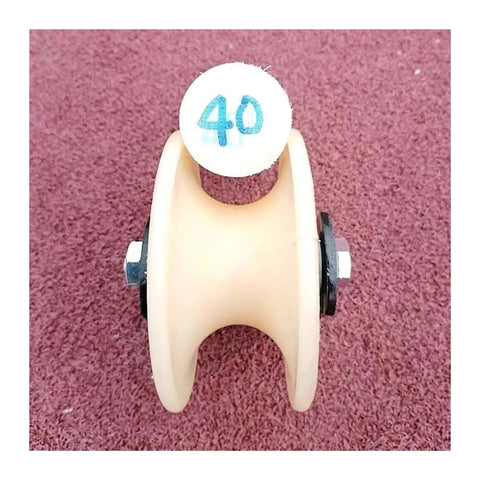 No Sweat U Groove Sliding Gate Caster Wheel With Thick Nylon Roller and Heavy Duty Double Bearing Steel Guide Track For Smooth Garage Door Pull On Any DIY Home Job, top view of nylon wheel with metal bolts.
