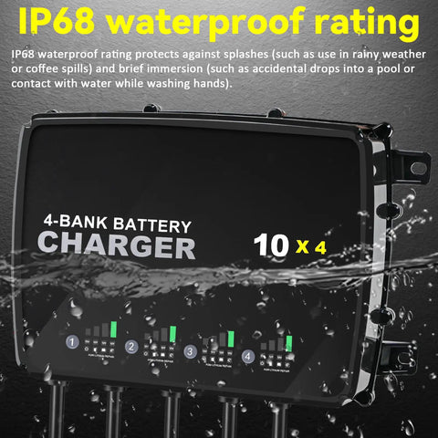 Four Bank 12V Marine Battery Charger Delivering 40A Total With 10A Per Bank, Compatible With AGM LiFePO4, IP68 waterproof