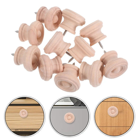 Round Wooden Drawer Knobs Set, 10 Pack, Single Hole Circular Wood Handles for dressers and doors, natural solid wood.
