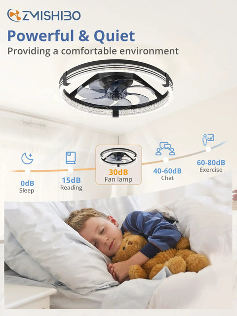 Low Profile Flush Mount Ceiling Fan With LED Lights in bedroom, showing noise levels, toddler sleeping, 20 inch black modern ceiling fan