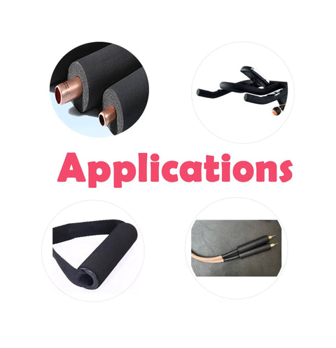 Heavy Duty Pipe Insulation Foam Tube One Half Inch Thick Five Eighths Inch Inner Diameter Six Point Six Feet Long Black Nitrile Rubber Cushion Protector For AC Units Guitar Stands Cargo Racks Roof Racks And Sports Equipment shown in various application scenarios