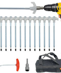 Image of Beefy 12 Pack Screw In Tent Stakes 8 Inch Metal Ground Pegs with hex head driver, spikes puller, and storage bag.