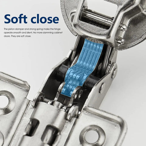 Close-up view of European Style Kitchen Cabinet Hinges With Silky Soft Close Action showing the piston damper and spring mechanism.