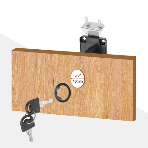 Lock Up Your Stash With This Heavy Duty Alloy Steel Drawer Lock 2 Pack Featuring Keyed Different Cylinders Built Tough For Quick Cabinet Security Install Black on wooden surface with keys.