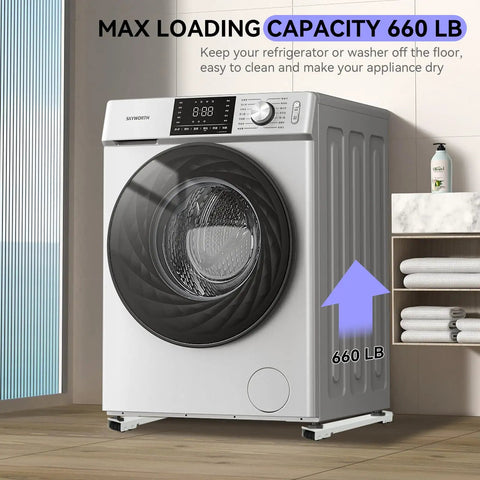 Heavy Duty Extendable Appliance Mover Dolly For Fridge Washer Dryer Rolling Base With 24 Wheels And Brakes Adjustable From 17 To 28 Inches White Includes Crowbar Easy Moving Helper showing maximum loading capacity 660 lbs under appliance.