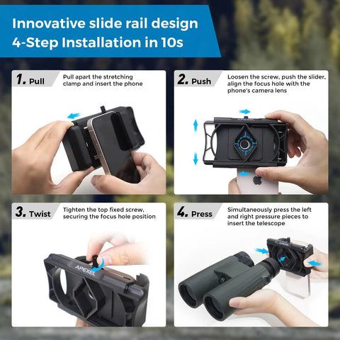 Step-by-step setup of 360 Degree Telescope Phone Adapter with Bluetooth shutter for telescopes and microscopes.