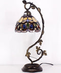 Tiffany Style Stained Glass Table Lamp With Bronze Metal Leaf Base, 21 Inch Tall, 8 Inch Shade, Elegant Victorian Desk Reading Light
