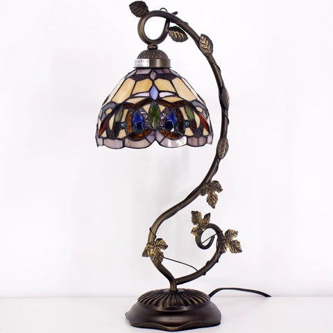 Tiffany Style Stained Glass Table Lamp With Bronze Metal Leaf Base, 21 Inch Tall, 8 Inch Shade, Elegant Victorian Desk Reading Light