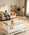 Cot Rail Protector Two Piece Set Breathable Cotton Gauze With Adjustable Straps on crib in cozy nursery setting