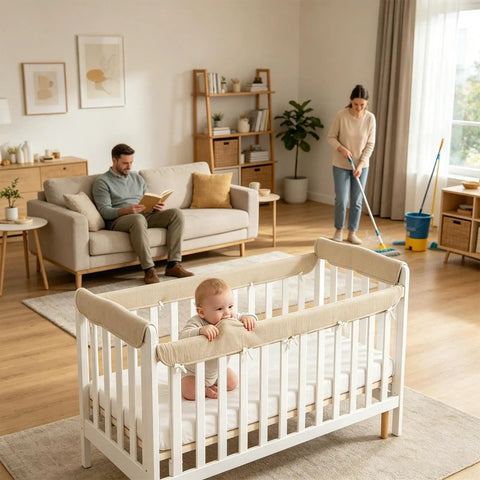 Cot Rail Protector Two Piece Set Breathable Cotton Gauze With Adjustable Straps on crib in cozy nursery setting