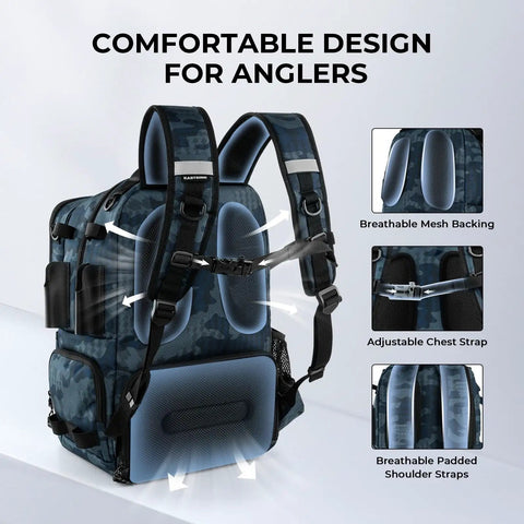 BaitSpace 50L Fishing Tackle Backpack With Removable Bait Binder, showing back view with breathable mesh backing and padded straps.