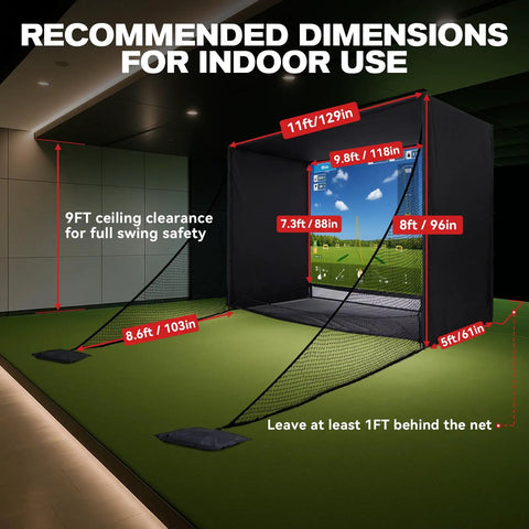 11 By 8 Ft Golf Simulator Enclosure With HD Dual Layer Impact Screen, Side Barriers, Foam Padded Frame set up in indoor space