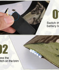 Rechargeable LED Baseball Cap With USB Cable And Battery, Five LED Lights Built In, showing battery box and brim switch
