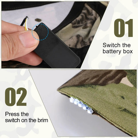 Rechargeable LED Baseball Cap With USB Cable And Battery, Five LED Lights Built In, showing battery box and brim switch