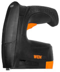Cordless Two In One Brad Nailer And T50 Crown Stapler Equipped With 4V Battery And Usb C Quick Charge side view with ergonomic grip.