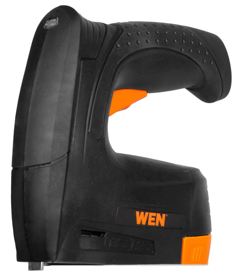Cordless Two In One Brad Nailer And T50 Crown Stapler Equipped With 4V Battery And Usb C Quick Charge side view with ergonomic grip.