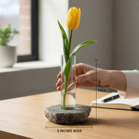 Rock Solid Bloom Bud Vase With Heavy Granite Base And Glass Flower Holder No Tip Stability For Tall Blooms Single Stem Vase