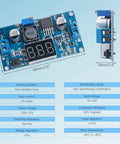 Front and side view of Blue LM2596 Adjustable DC-DC Buck Converter Module With LED Voltage Display, dimensions noted, 2 Pack.