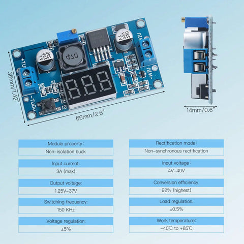 Front and side view of Blue LM2596 Adjustable DC-DC Buck Converter Module With LED Voltage Display, dimensions noted, 2 Pack.