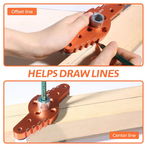Self Centering Dowel Jig Kit With Drill Guide Scriber And Bits For Woodworking DIY includes tool drawing offset and center lines on wood