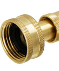 Close-up view of Solid Brass Hose Nozzle Set, featuring threaded end and knurled grip, 3/4 Inch Universal Fit For Standard Hoses, Adjustable Spray.