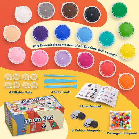 Air Dry Clay Kit For Kids Make 8 Fridge Magnets No Oven Needed with tools, colorful clay, and accessories visible.