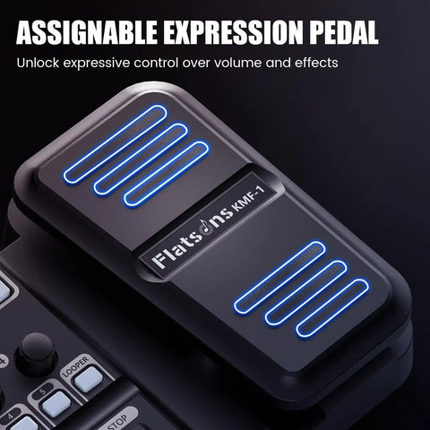 Close-up of KMF-1 Guitar Pedal With 77 Effects And 50 Presets Delivers Gig Ready Tone For Live And Studio Use, featuring expression pedal.