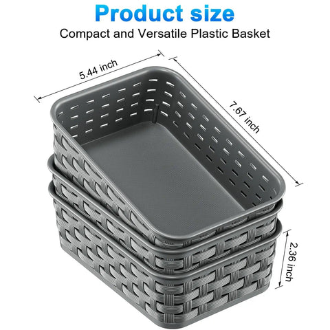 3 Pack Small Plastic Storage Baskets In Sleek Dark Gray, measuring 7.67 by 5.44 inches, for home organization.