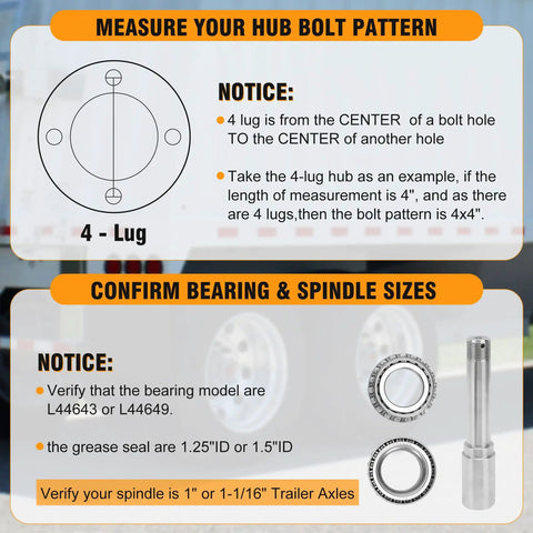 Premium 4 Lug Trailer Hub Kit 2 Sets Glides Right On One And One Sixteen Inch Straight Spindle 4X4 Bolt Pattern 2000 Lb rated bearing and spindle size guide.