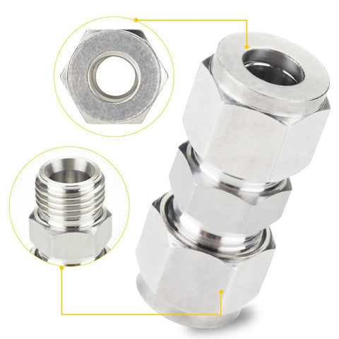 304 Stainless Steel Compression Tube Fitting Union With Double Ferrule For 10mm Tube OD To 10mm Tube OD Metric To Metric Heavy Duty Pipe Connector