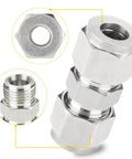 304 Stainless Steel Compression Tube Fitting Union For Three Eighths Inch Outside Diameter Tubing, close-up view of hex and thread design