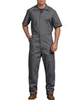 Mens Short Sleeve Coverall Zipper Front Work Jumpsuit For Mechanics And Industrial Crews In Gray, showcasing front view and short sleeves.