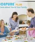 Happy family dining together with ICEPURE PLUS, promoting Top Rated Refrigerator Water Filter Replacement 4 Pack For Samsung And Kenmore.