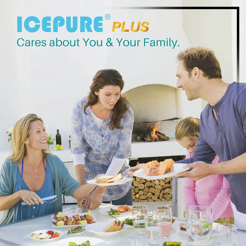 Happy family dining together with ICEPURE PLUS, promoting Top Rated Refrigerator Water Filter Replacement 4 Pack For Samsung And Kenmore.
