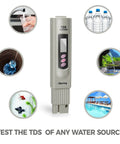Digital TDS Water Quality Tester with Temperature Reading and Three Button Controls for Drinking Water and Home Filtration Systems.