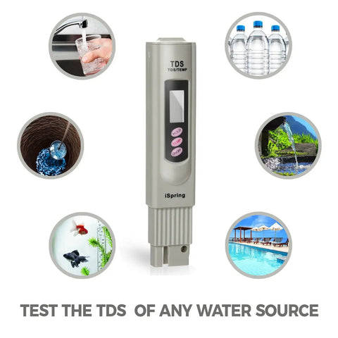 Digital TDS Water Quality Tester with Temperature Reading and Three Button Controls for Drinking Water and Home Filtration Systems.