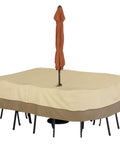 108 Inch Patio Table Cover With Umbrella Hole For Rectangular And Oval Tables Pebble Color Outdoor Table Cover Fits 6 Chairs